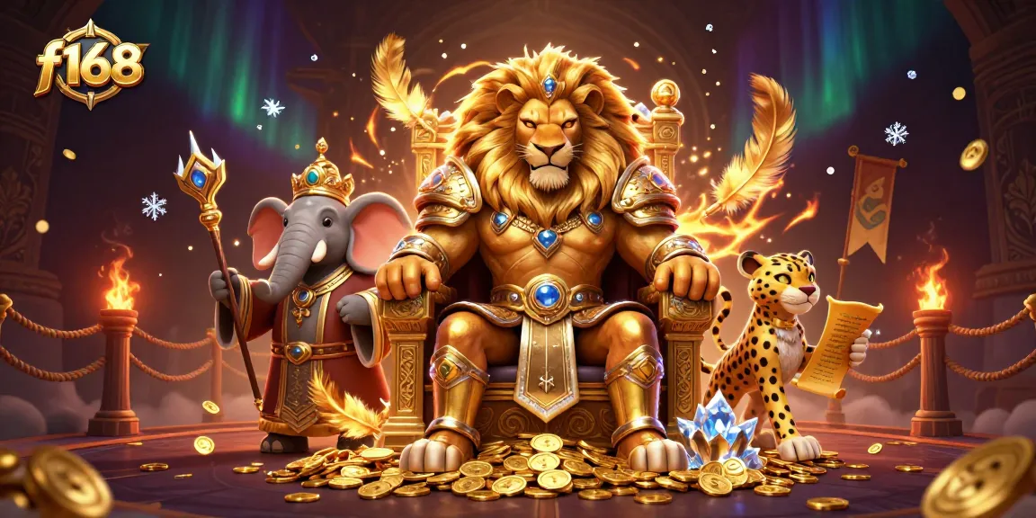 Engage in thrilling games at f168, featuring a lion king in a golden setting amidst vibrant casino elements.