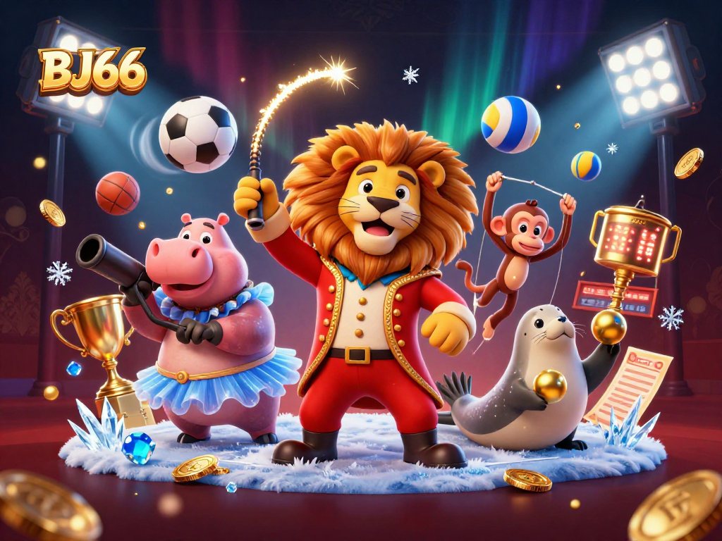 Experience the excitement of betting on BJ66 with a dynamic circus-themed illustration featuring vibrant elements and characters.