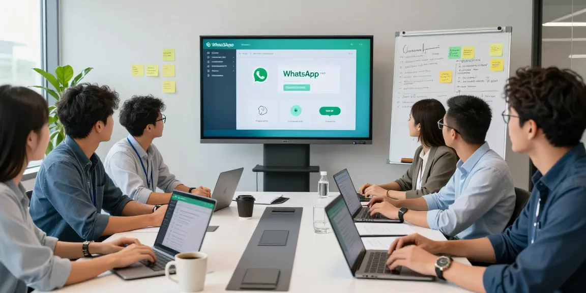 Team collaborating using WhatsApp網頁版 in a modern office setting, showcasing effective digital communication.