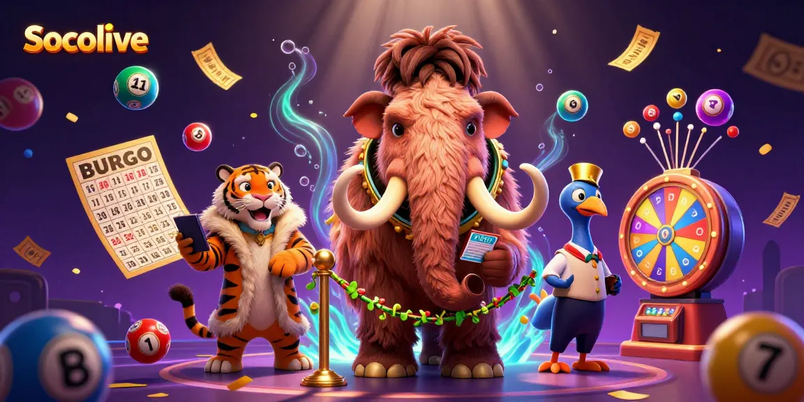 Socolive showcases a vibrant 3D casino scene with a woolly mammoth bouncer and colorful lottery elements.