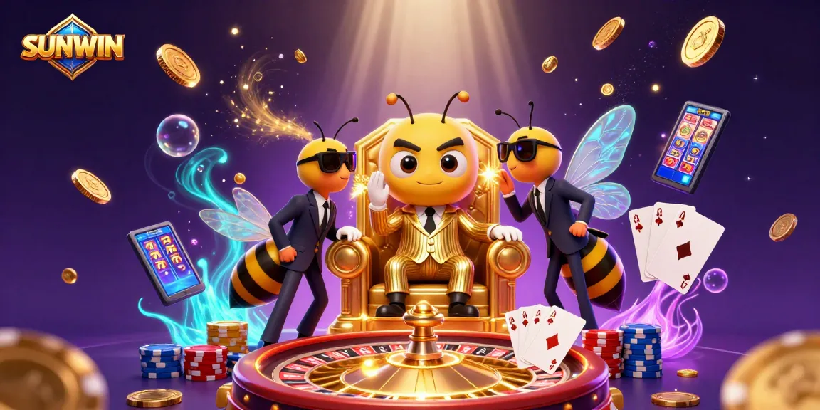 SUNWIN offers a dynamic gaming experience with vibrant casino elements featuring colorful coins, a roulette wheel, and lively characters.