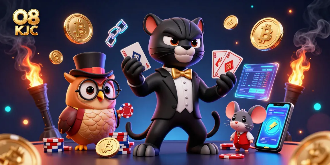 Joyfully dealing cards, the O8 KJC black panther energizes online gaming amidst glowing crypto elements.