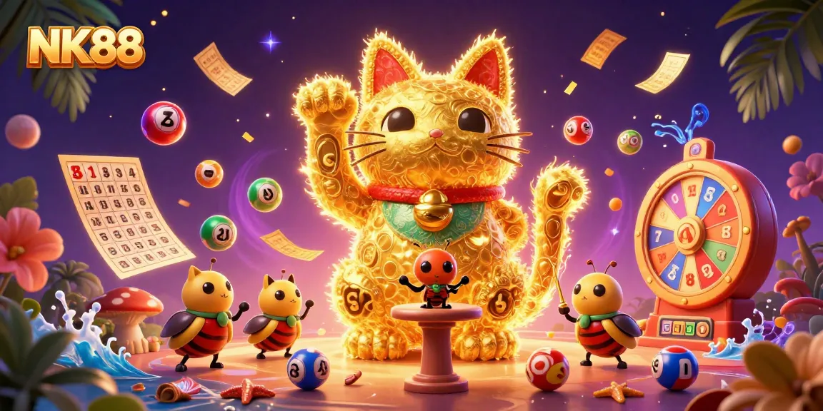 Experience the magic of NK88 with a vibrant scene featuring lucky symbols and golden fireflies.