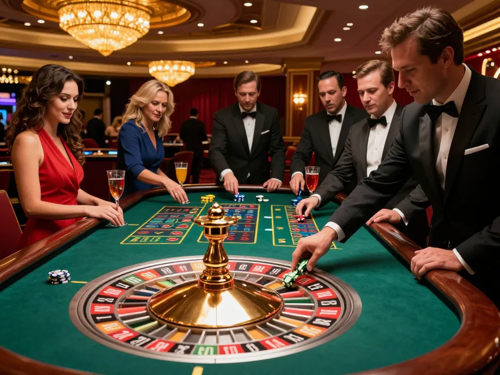 Experience excitement at nhà cái Net88 with players betting on a spinning roulette table in a vibrant casino atmosphere