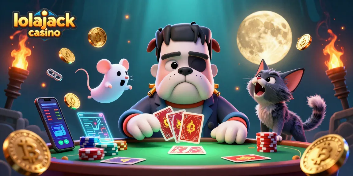 Experience thrilling moments at lolajack casino with a lively 3D scene of characters and crypto elements.