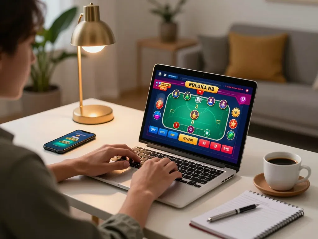 Player engaging with O8 com on laptop and smartphone, showcasing a poker game in a cozy home setting.