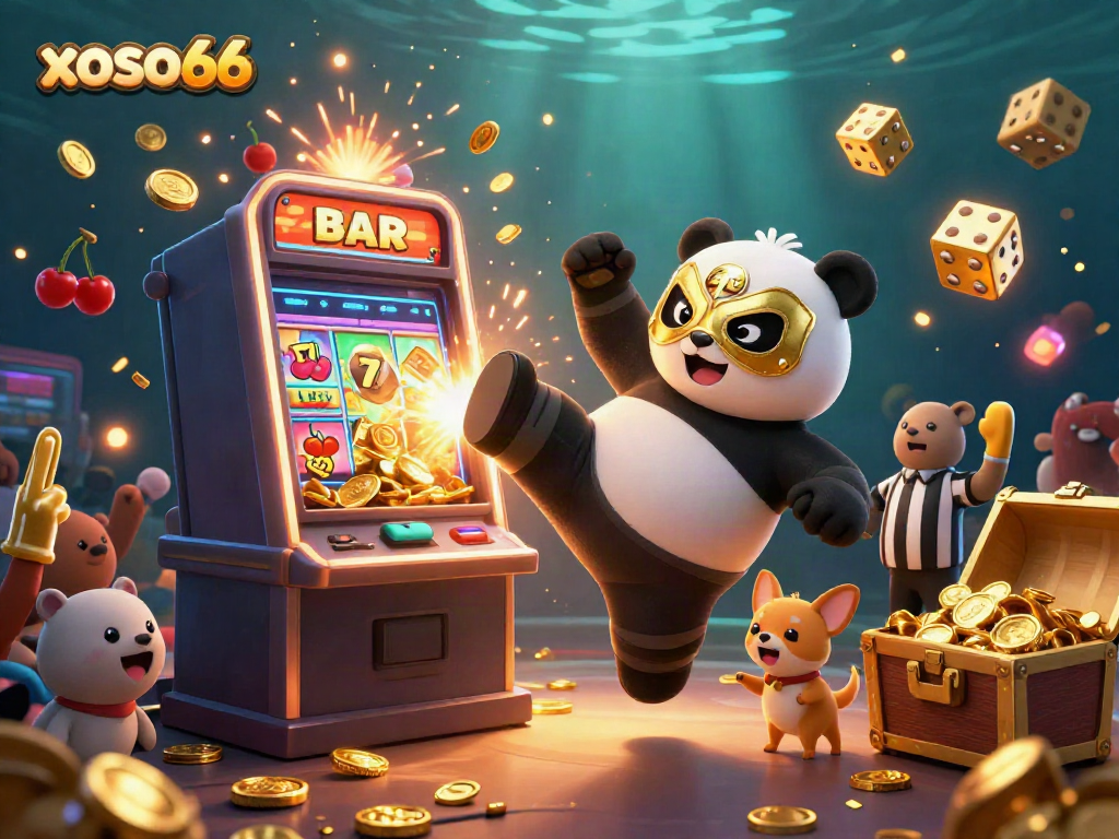 Experience the excitement of xoso66 with a vibrant scene of a wrestling panda during a jackpot celebration.