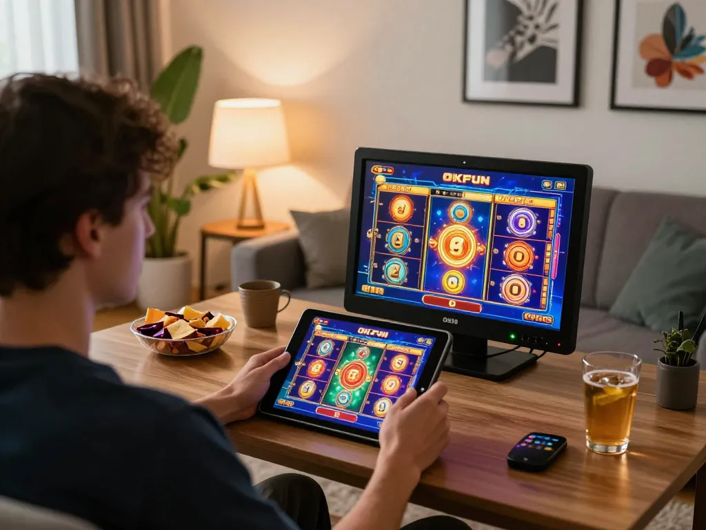 Players enjoying online slots at home through OKFUN app in a cozy setting
