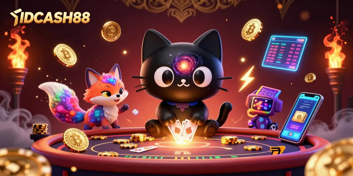 Engage with IDCASH88 in a cosmic casino scene featuring a black hole cat and a colorful nebula fox.