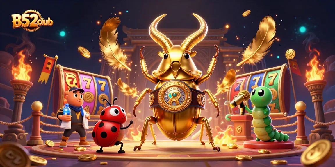 B52club showcases a vibrant scene with a golden stag beetle in a boxing ring, emphasizing thrilling casino gameplay.