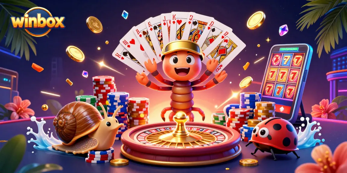 Winbox casino scene with a millipede dealer, excited bugs, and dynamic gaming elements.