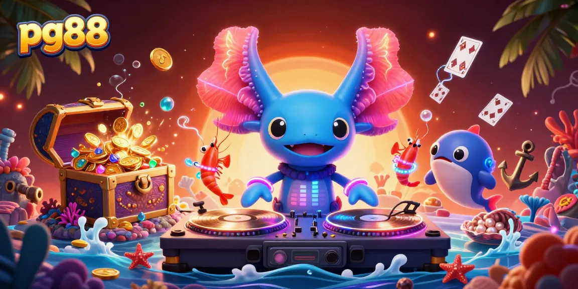 Spin the winning reels of pg88 with the axolotl DJ and friends in a vibrant underwater casino scene.