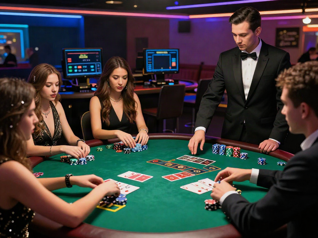 Exciting blackjack en ligne scene with diverse players at a casino table.