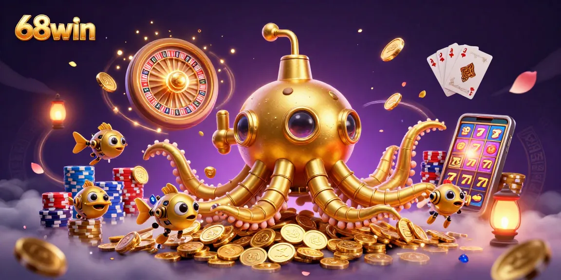 Experience dynamic gameplay with 68win's golden kraken submarine amidst spinning roulette and vibrant coins.