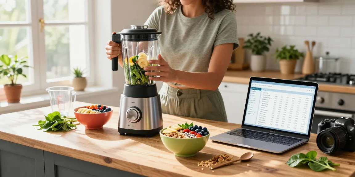 Engaging kitchen scene showcasing the best calorie tracker app while preparing a vibrant smoothie bowl with fresh ingredients.