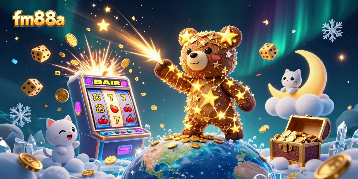 Experience the excitement of fm88a's casino games with a vivid 3D illustration featuring a cosmic bear scooping coins.