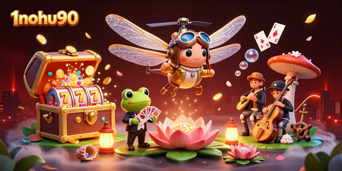 Experience thrilling moments at 1nohu90 with a vibrant casino scene featuring a dragonfly pilot, a frog dealer, and jazz musicians.