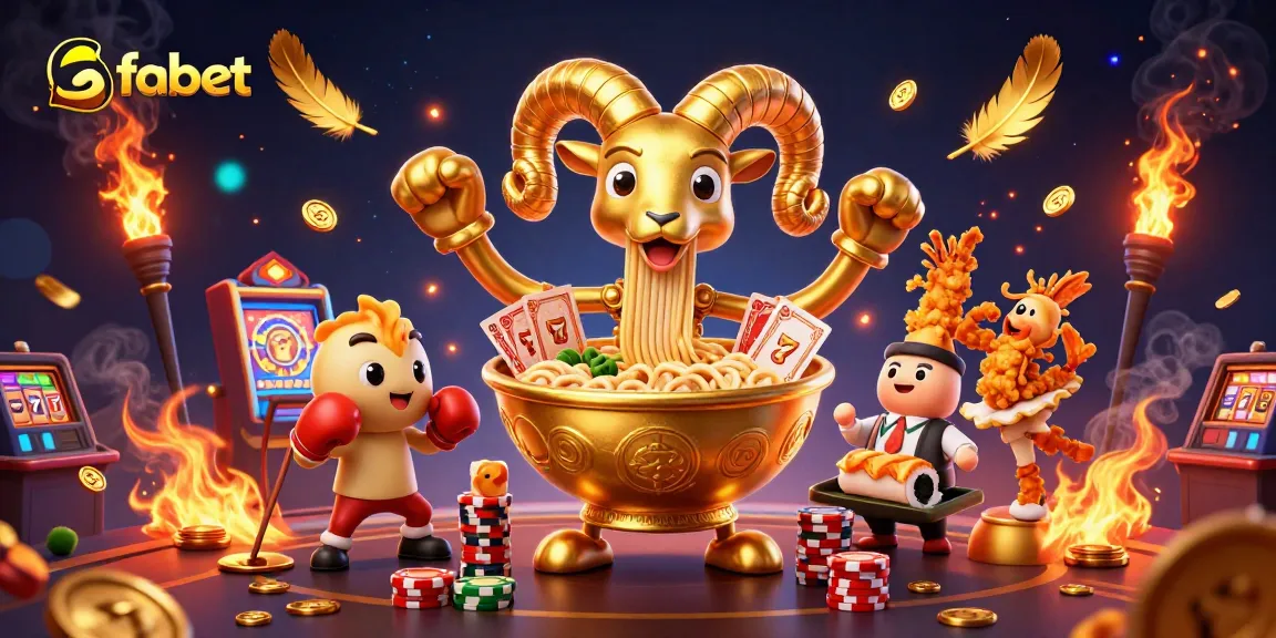 Engage with fabet's vibrant casino scene featuring a golden ramen bowl character and dynamic game elements.
