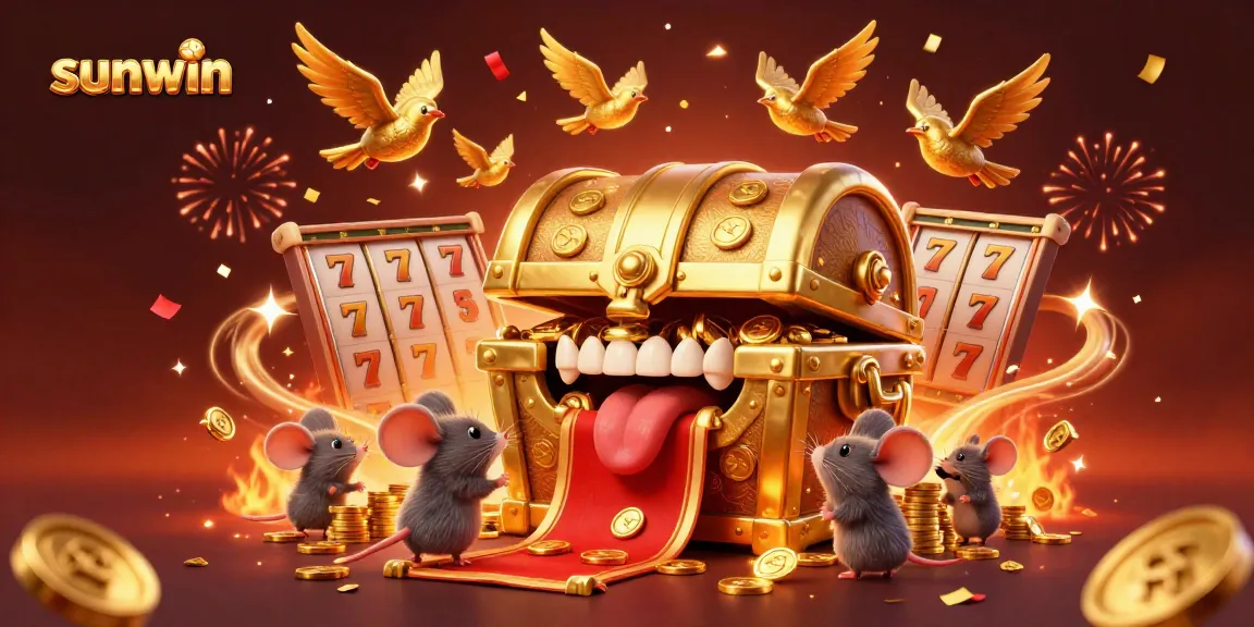 Experience excitement at sunwin's gaming scene with golden treasures and festive elements.