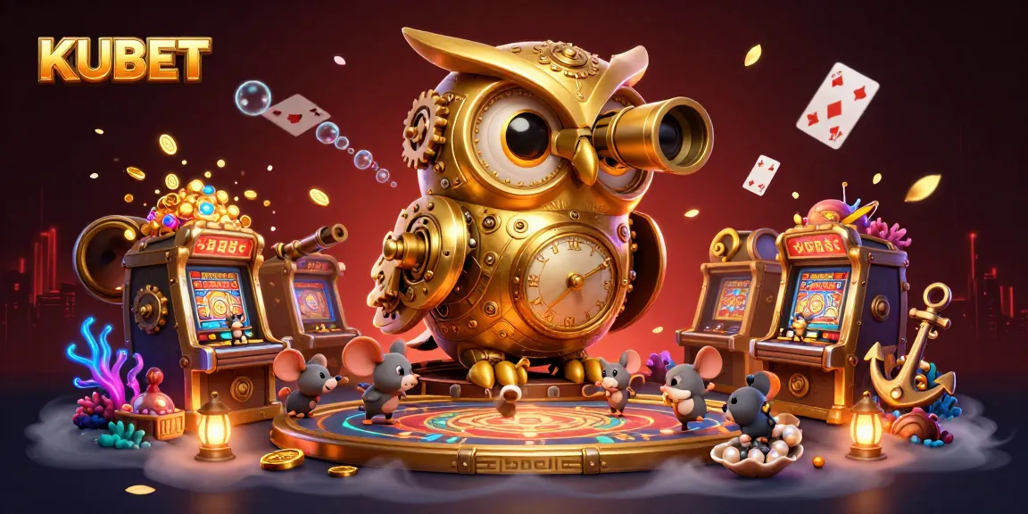 KUBET's thrilling casino scene highlights a golden owl scouting slot machines amidst a vibrant atmosphere.