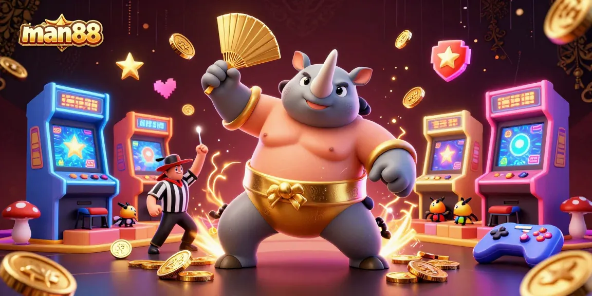 Experience the thrilling gameplay at man88 with dynamic illustrations of a sumo champion and vibrant casino elements.