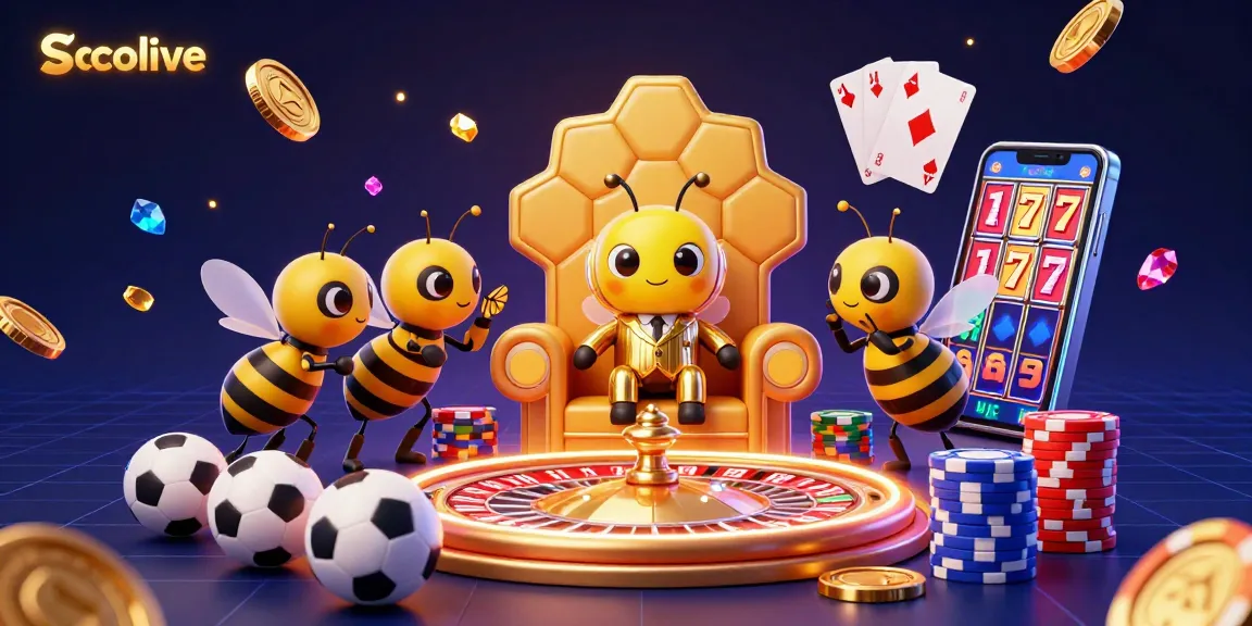 Socolive sports betting scene with a vibrant bee mob boss, dazzling coins, and poker chips.