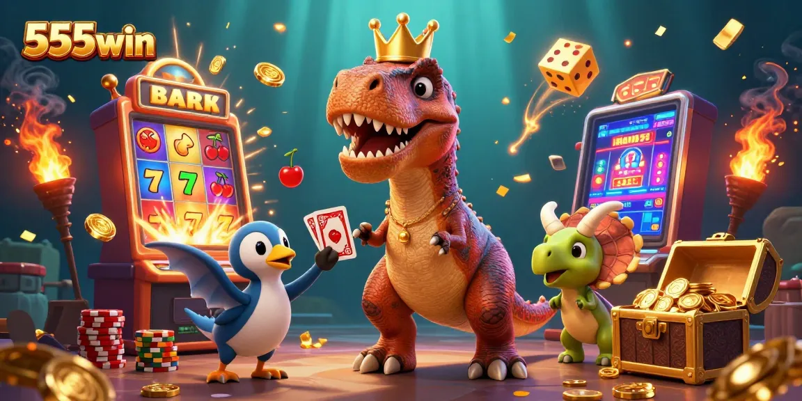 Engage with vibrant 555win scene featuring a T-Rex shuffling cards and winning coins