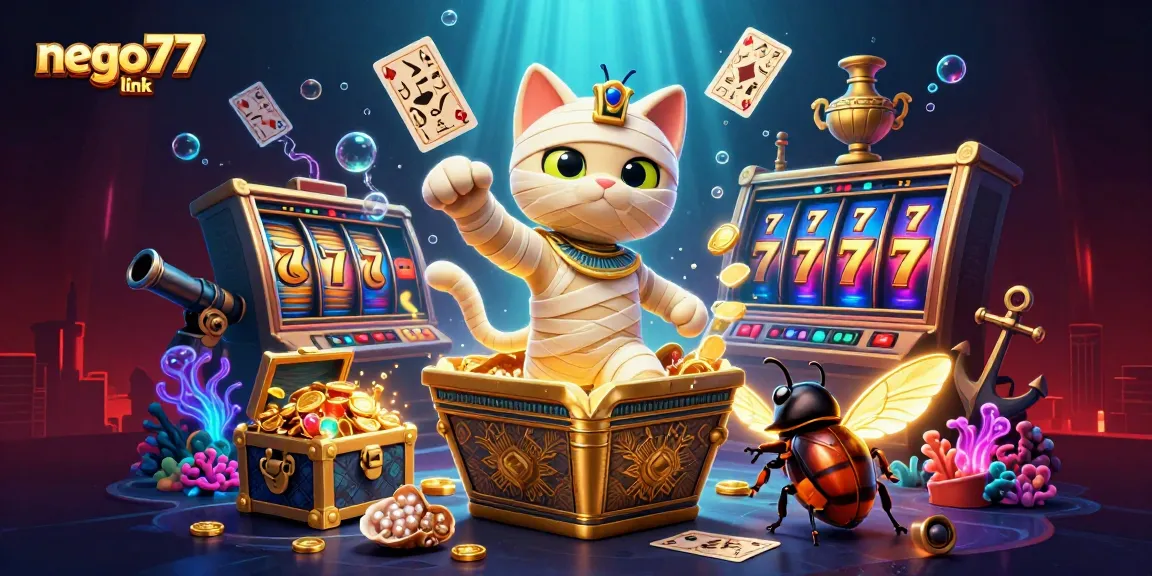 Play and win on nego77 link with vibrant slots scene featuring an Egyptian mummy cat and casino elements.