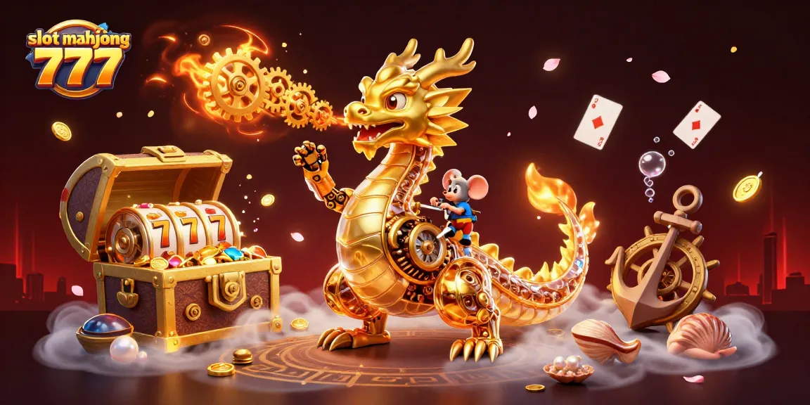 Experience slot mahjong 777 with a stunning illustration of a golden dragon breathing gears in a vibrant casino scene.