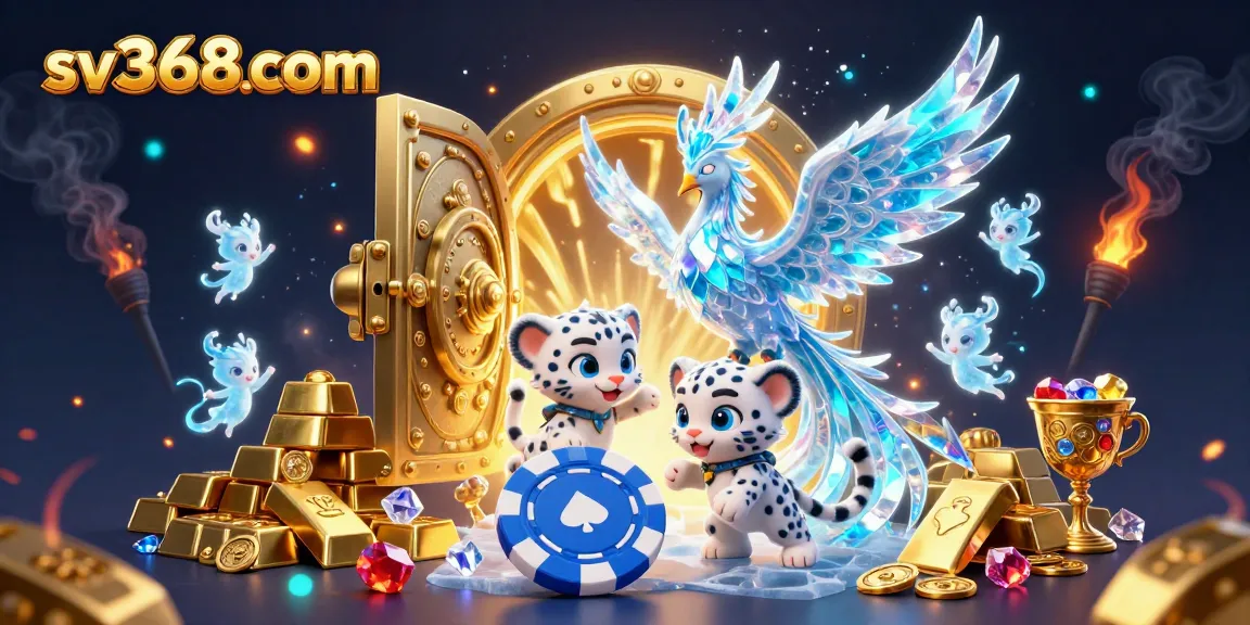 Engage with the exciting world of sv368com, showcasing a snow leopard cub and ice phoenix amidst gleaming casino treasures.