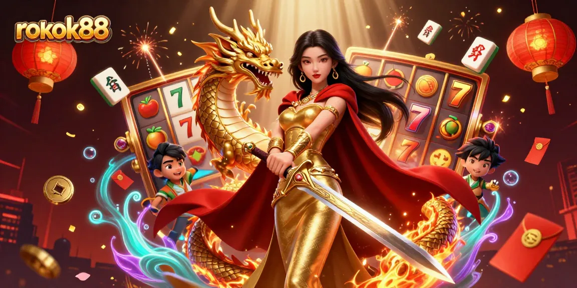 Experience thrilling wins with rokok88 in a vibrant 3D casino scene featuring dynamic slot elements.