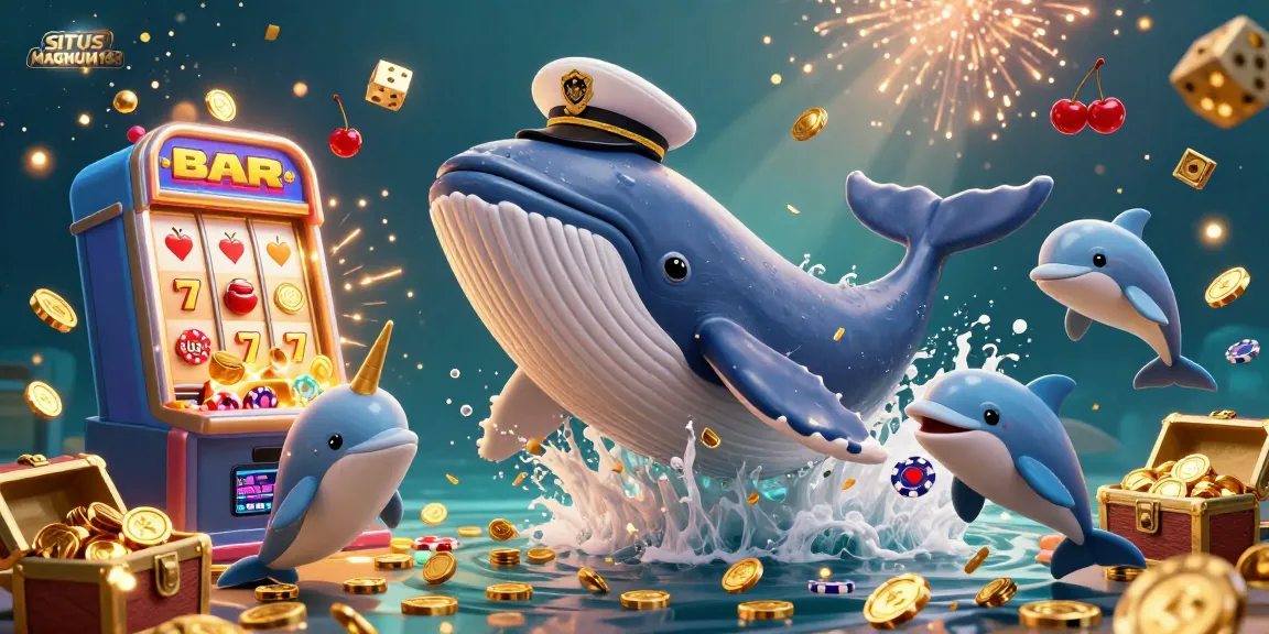 SITUS MAGNUM188 showcases a whimsical 3D casino scene with a giant whale and playful dolphins, epitomizing the excitement of online gambling.