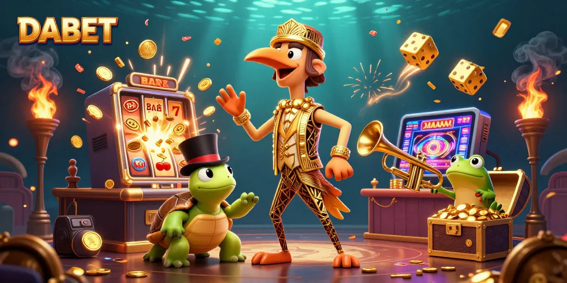 DABET slot machine jackpot explosion with vibrant colors and characters celebrating the win.