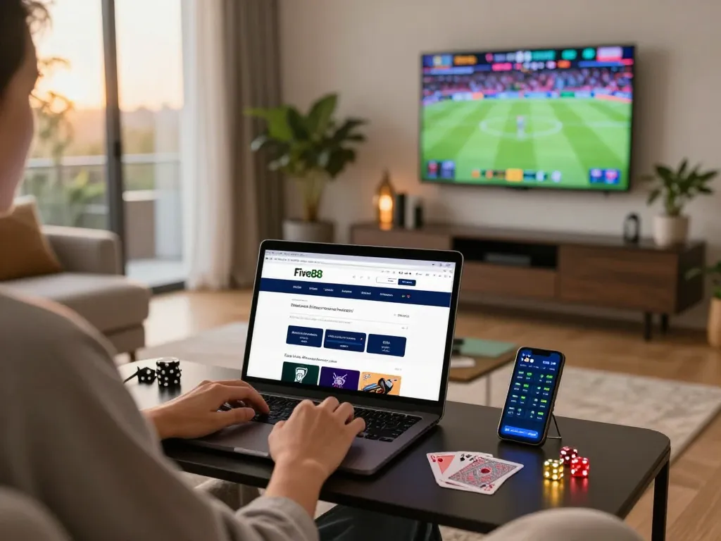Link đăng ký Five88 on a laptop in a modern living room, highlighting comfortable online betting.