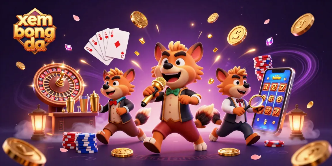 Xem bong da live stream event with colorful graphics and energetic hyena characters celebrating sports betting.