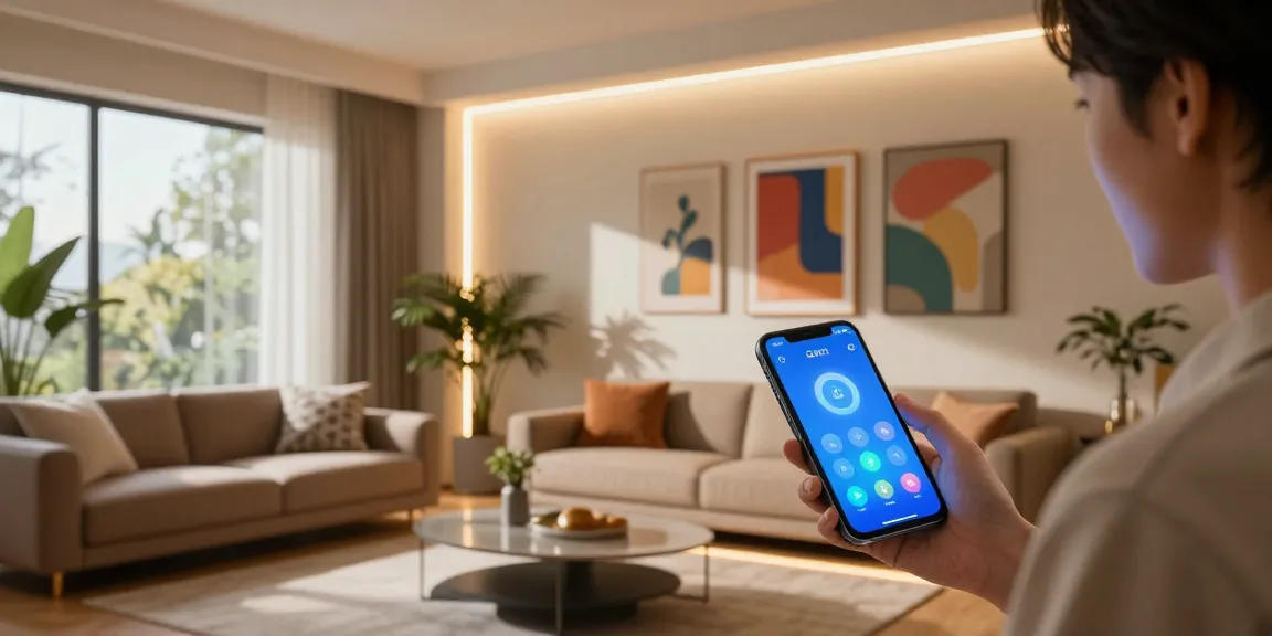 Banda LED iluminând un living modern, cu control inteligent prin aplicație.