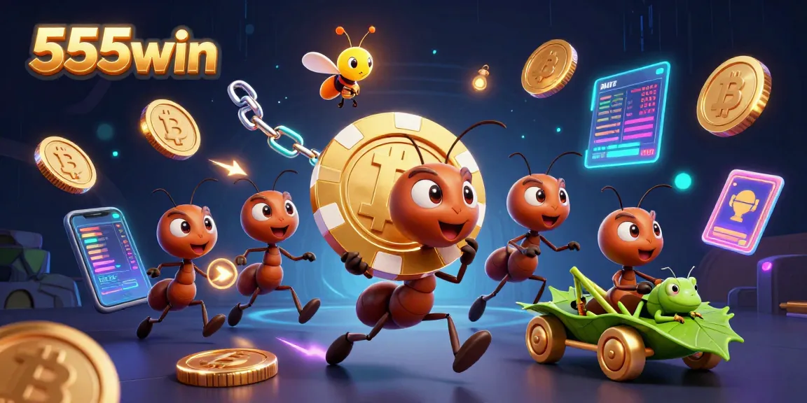 Join the action with 555win as a cartoon team of ants carries a giant poker chip through a vibrant tunnel adventure.