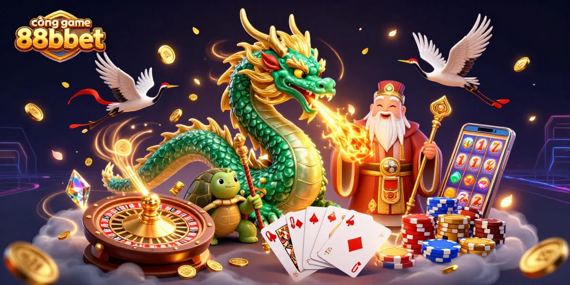 Engage with cổng game 88bbet showcasing a jade dragon and lucky cranes amidst a rich casino scene.