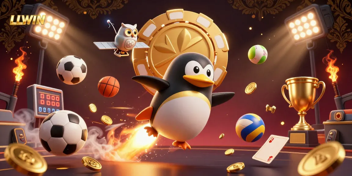 Immerse in LLWIN's vibrant casino adventure, featuring a golden penguin and dynamic sports elements.