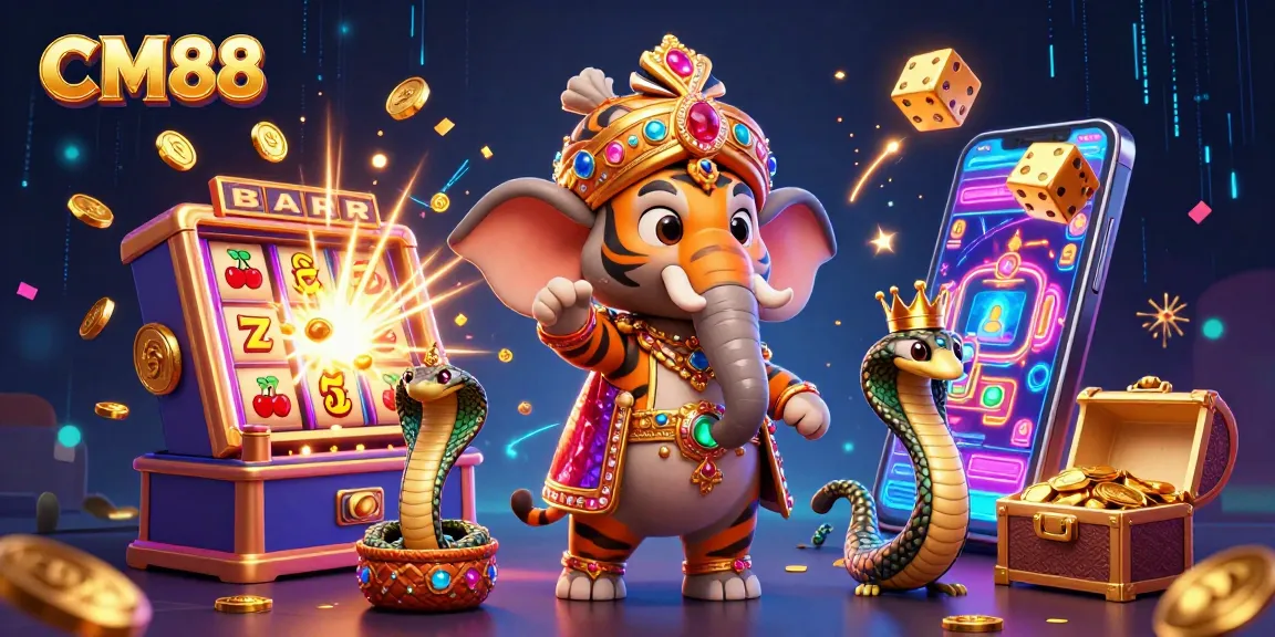 Experience the excitement of CM88 with a vibrant 3D casino illustration showcasing festive gambling elements.