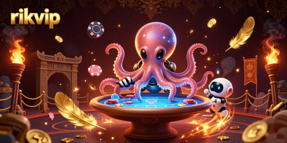 Play poker at rikvip with an intergalactic octopus and robotic companion in a dazzling casino.