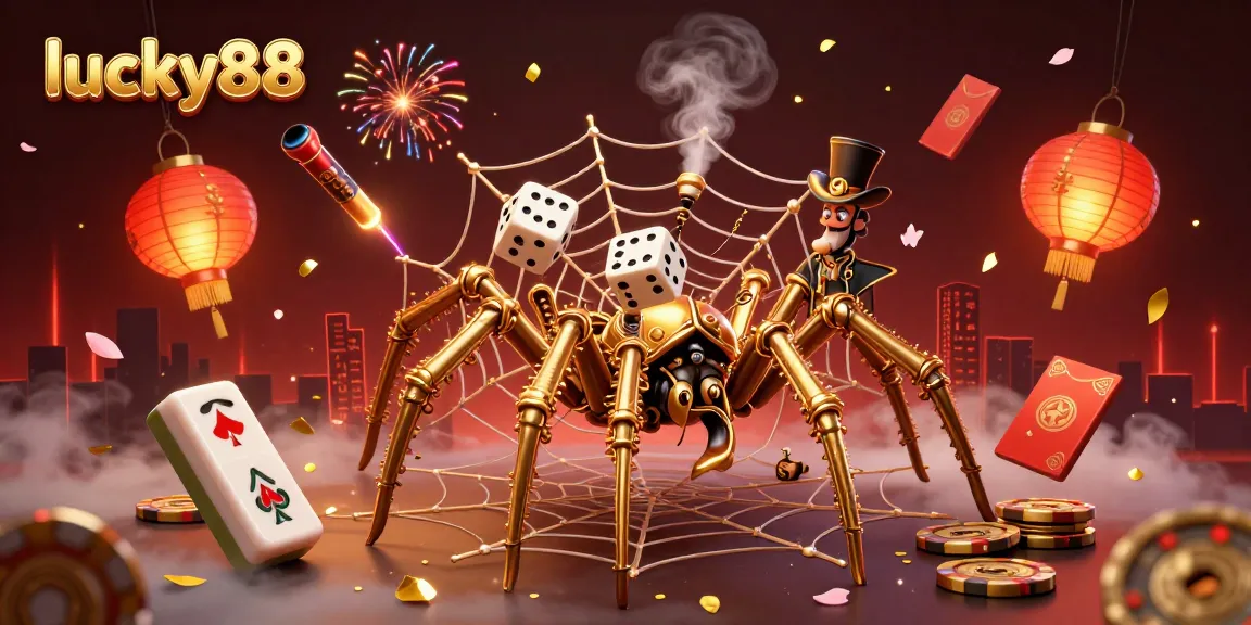 Experience lucky88 in this vibrant 3D scene featuring a steampunk spider and gaming elements.