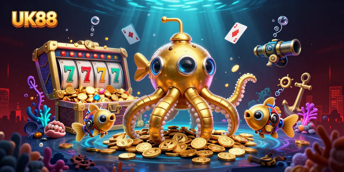 Experience excitement at UK88 with a 3D kraken submarine amid vibrant slot game elements.