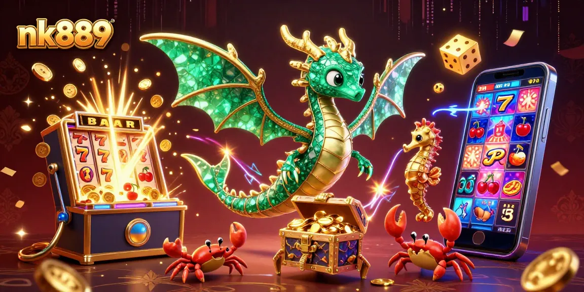Experience thrilling gameplay with nk889's vibrant casino illustration showcasing slots and treasures.