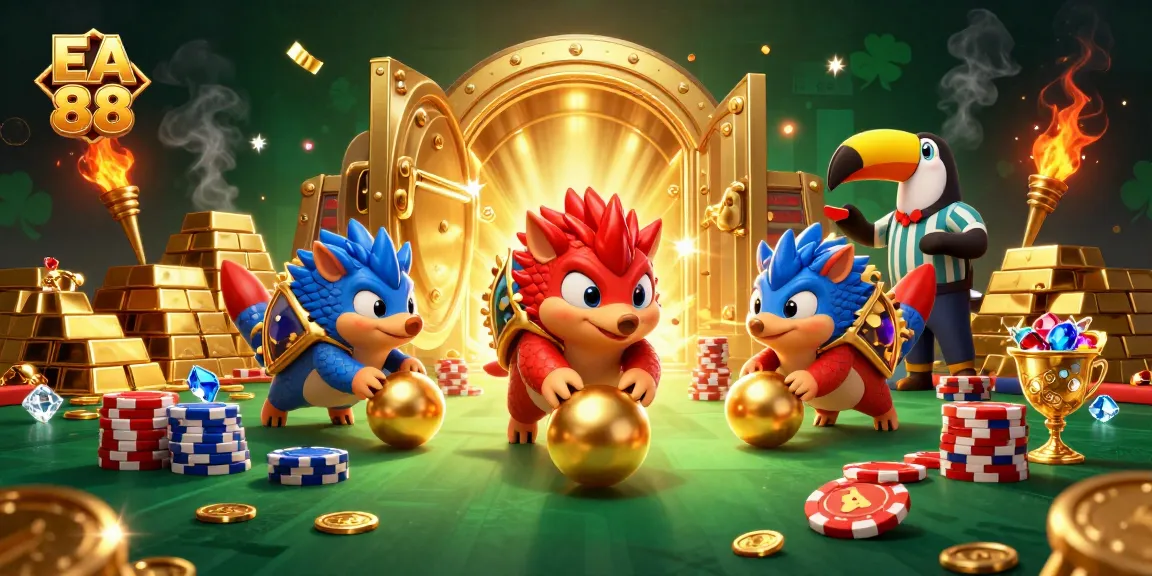 Engaging EA 88 casino illustration with rival pangolins, poker chips, and treasure.