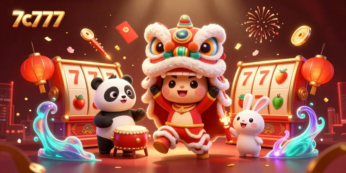 Engaging scene of 7c777 showcasing festive lion dance characters among slot reels and vibrant decorations.