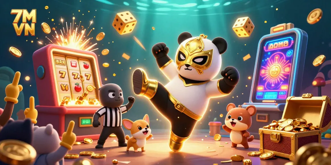Experience the thrill of 7M VN with a lively 3D panda wrestler and casino elements.