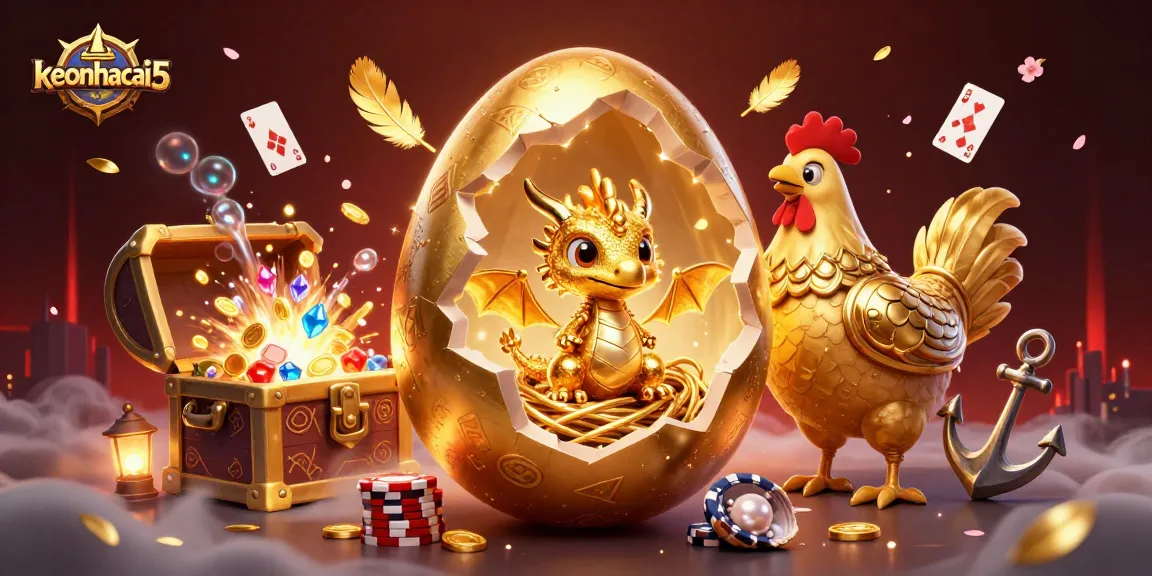keonhacai5 showcases a captivating scene with a golden egg, dragon, and poker chips, emphasizing sports betting excitement.