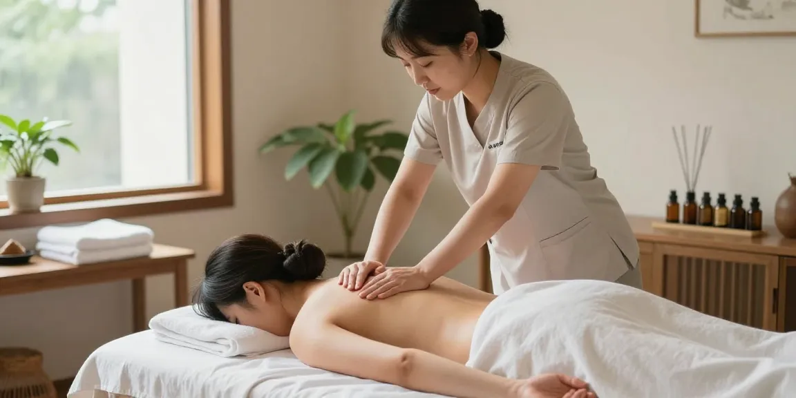 부천출장마사지 전문 관리사가 아늑한 공간에서 고객에게 편안한 마사지를 제공하고 있는 모습