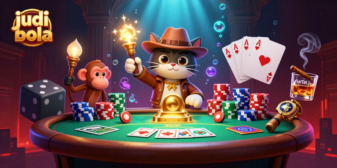 Engaging scene of a 3D archaeologist cat and monkey companion exploring judi bola treasures amid vibrant poker elements.